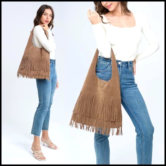 Faux Suede Hobo Bag Fringe Shoulder Handbag Boho Chic Slouchy Tote - Picture 2 of 7